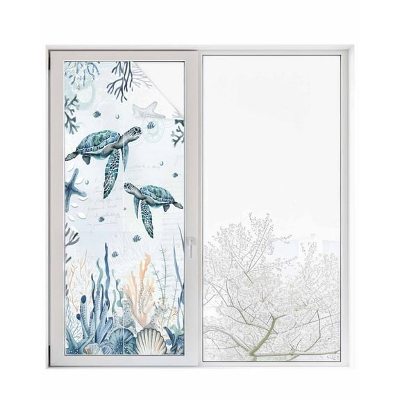 Window Privacy Film Summer Sea Turtle Stained Glass Window Film Decorative Sun Block Window Cover Ocean Coastal Coral Flower Blue Window Clings Static Adhesive Sticker for Bathroom 29.5"x78.7"