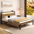 thumbnail image 3 of Queen Bed Frame with LED and Charging Station, Metal Platform Bed with Storage Headboard, Brown, 3 of 11
