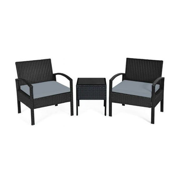 YYAo 3-Piece Outdoor Patio Furniture Wicker Bistro Set, All-Weather Rattan Conversation Chairs for Backyard, Balcony and Deck with Soft Cushions, Side Table, Gray
