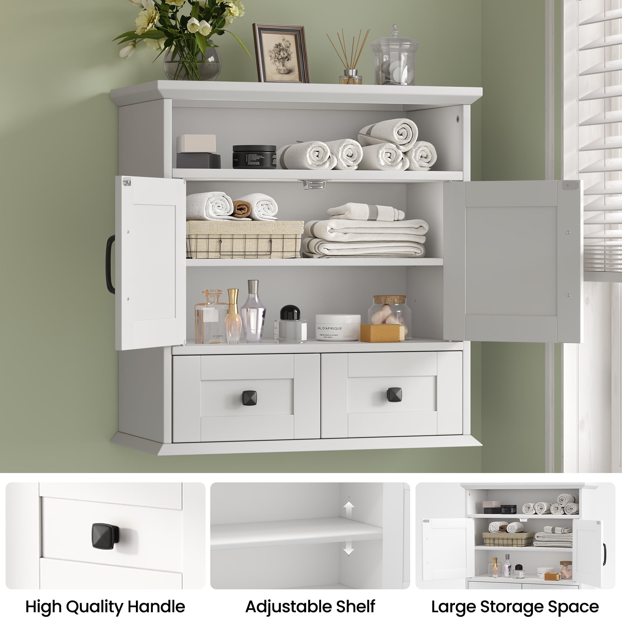 NEGYLIM Wall Mounted Bathroom Cabinet with Barn Door, 2 Drawers and Adjustable Shelves, over Toilet Storage Cabinet for Bathroom Laundry Room, White
