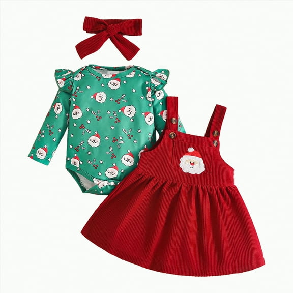 mgoYE My 1st Christmas Baby Girl Outfits Letter Embroidery Romper Plaid Suspender Skirts Headband Set(Wine,0-3 Months)