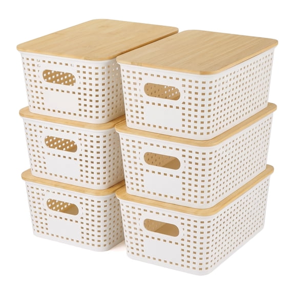 Small Storage Bins with Lids - 5.2qt, 6 Pack Stackable Plastic Containers with Bamboo Top, for Bathroom Pantry Closet Office, Cream White