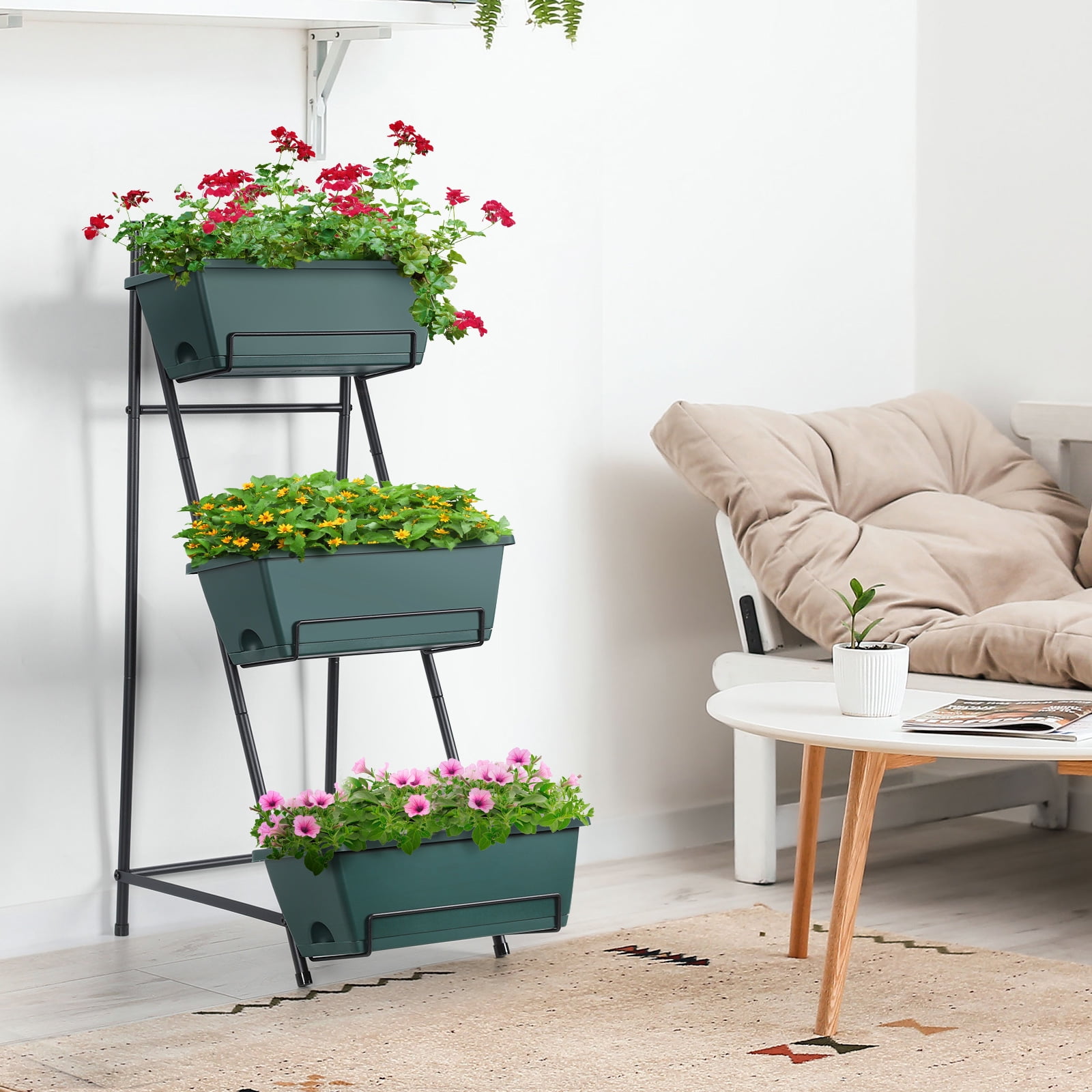 3-Tier Vertical Raised Garden Bed, Planter with Drainage Holes & Removable Tray for Patio, Balcony & Porch