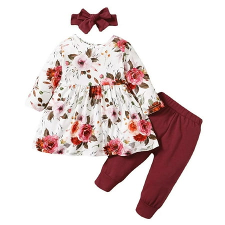 

Dezsed Toddler Baby Kids Girls Outfit Sets Floral Printed Long Sleeve Shirt Solid Color Trousers Pants With Headband Fall Suit 3-24Months Girls Boutique Outfits Clearance