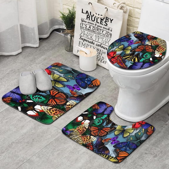 Multicolor Butterfly Group Pattern Bathroom Rugs Sets 3 Piece,Toilet Cover Set,Absorbent Non Slip Bathroom Mats Sets with U-Shaped Contour Rug Toilet Rug Set