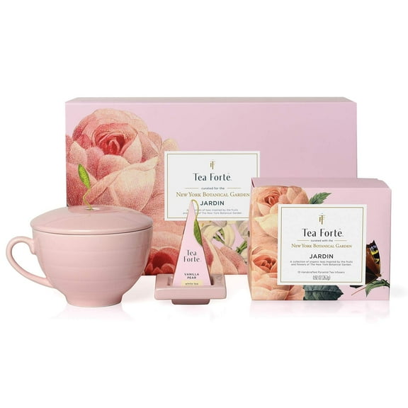 Jardin Gift Set with Pink Cafe Cup, Tea Tray and 10 Handcrafted Pyramid Tea Infuser Bags