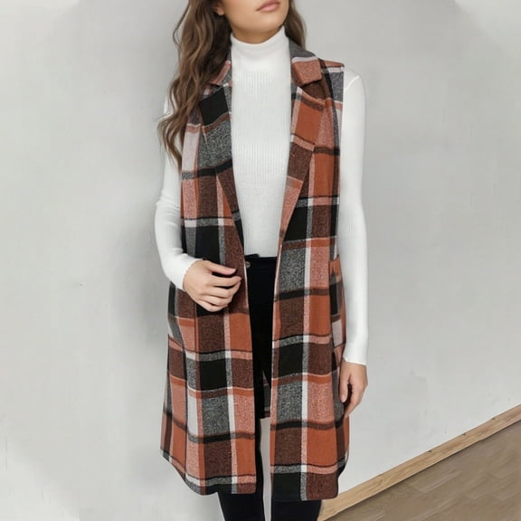 Xdegoge Women's Long Flannel Plaid Vest Jackets Loose Open Front Sleeveless Lapel Flowy Winter Coats Outerwear with Pockets