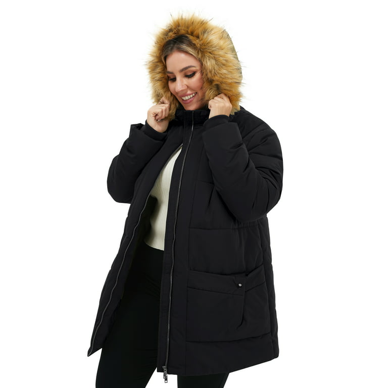 Soularge Women's Plus Size Winter Waterproof Faux Fur Hooded Puffer Jacket  (Black, 2X)