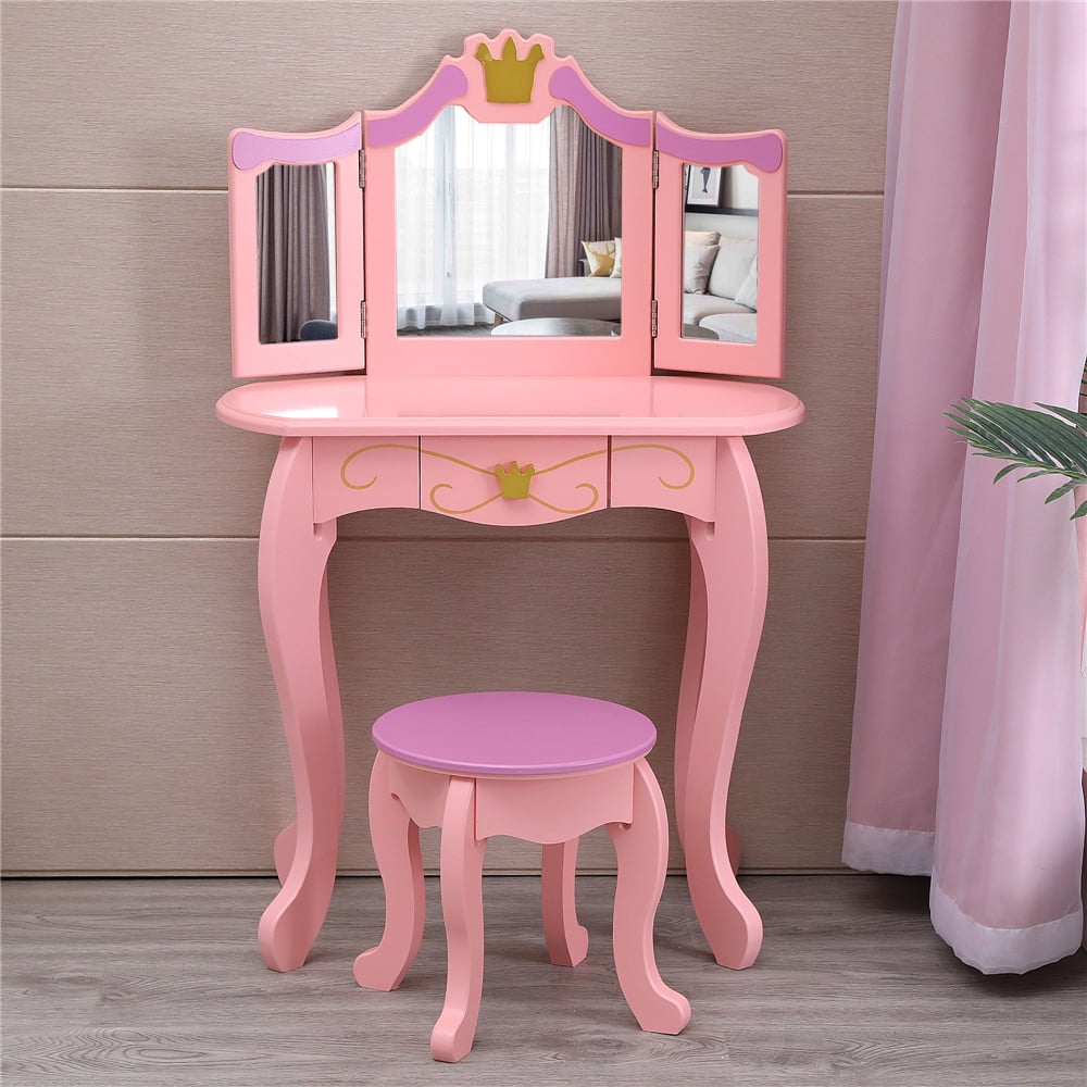 Details about  / Kids Girls Pretend Vanity Table Makeup Set W//Drawer Dressing Desk w//Mirror Stool