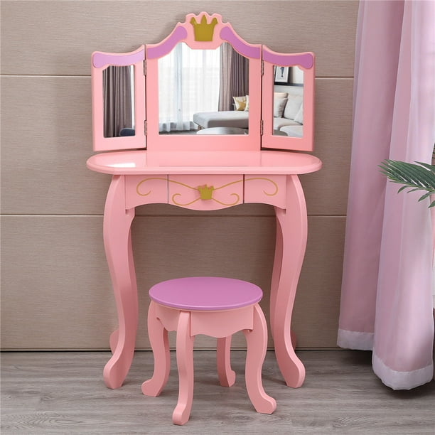 Fch Classic Kids Vanity Princess Dressing Table And Stool Set With Three Fold Mirror Pink Walmart Com
