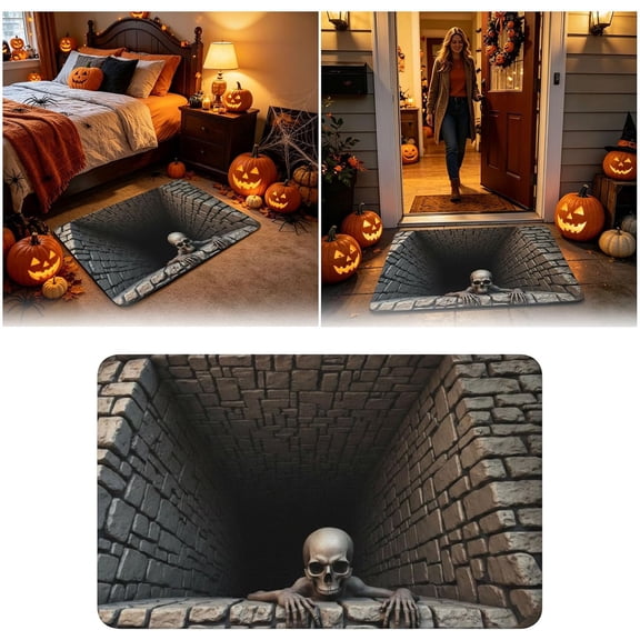 Halloween 3D Optical Rug, Novelty Ghost Skeleton Depth Print Floor Mat For Home Parties Decor, Non-Slip Soft Carpet For Indoor Entryway Living Room (23.6x35.4in)
