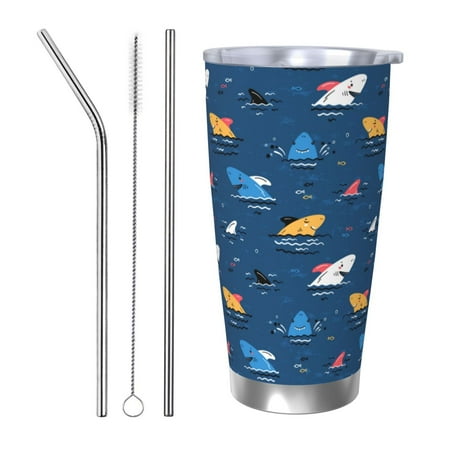 

Zeuib Colorful Ocean Shark Printed 20oz Stainless Steel Insulated Car Cup Stainless Steel Thermal Cup Vacuum Insulated Leak-proof Travel Mug Cup-Straw Three-piece Set