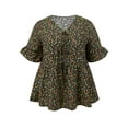 thumbnail image 5 of GRACE & GRANDEUR Women's Plus Size Ditsy Floral Blouse Tie Front V Neck Ruffle Sleeve Peplum Top Summer Babydoll Blouse 1X Black, 5 of 7