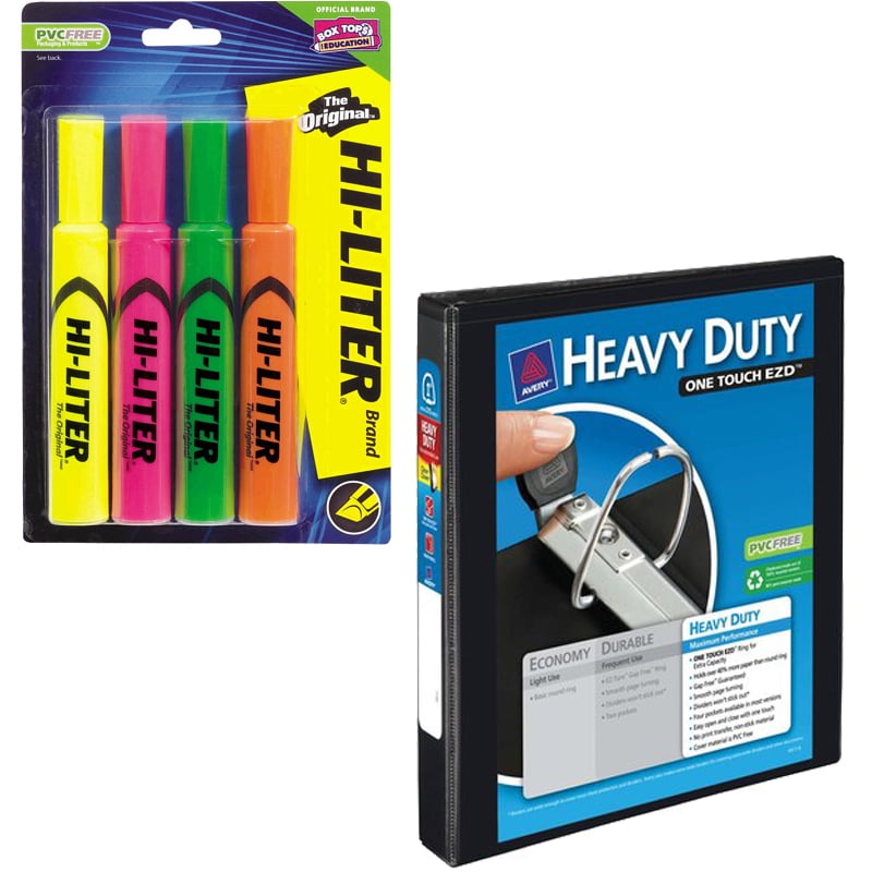 Avery Desk Style Hi-Liter, Assorted Colors, 4 pack and Avery 1" Heavy-Duty Clear-Cover Binder, Black Bundle