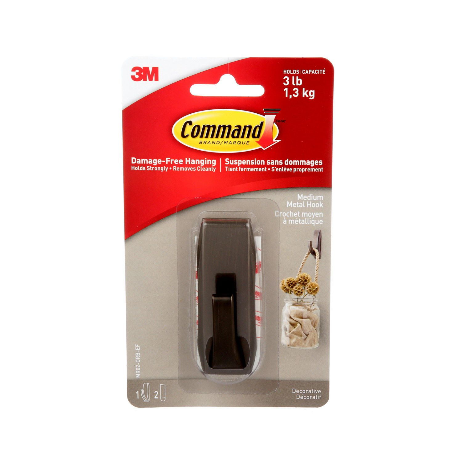 Command™ Modern Reflections Metal Hook, MR02-ORB-EF, oil rubbed bronze, medium, 1 hook, 2 strips, 1 M Hook, 1 Strip