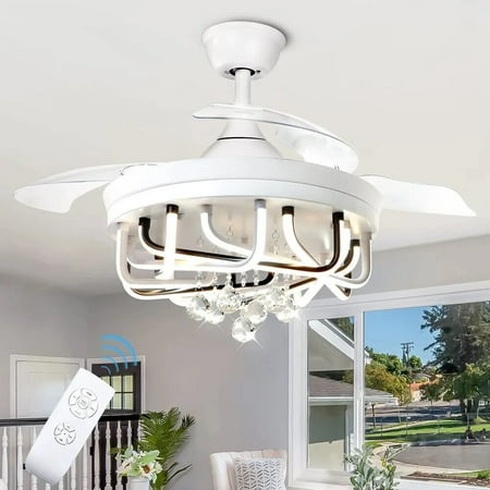 

New LED Chandelier 42 Remote Control Ceiling Fan Light 3 Retractable Blades USA