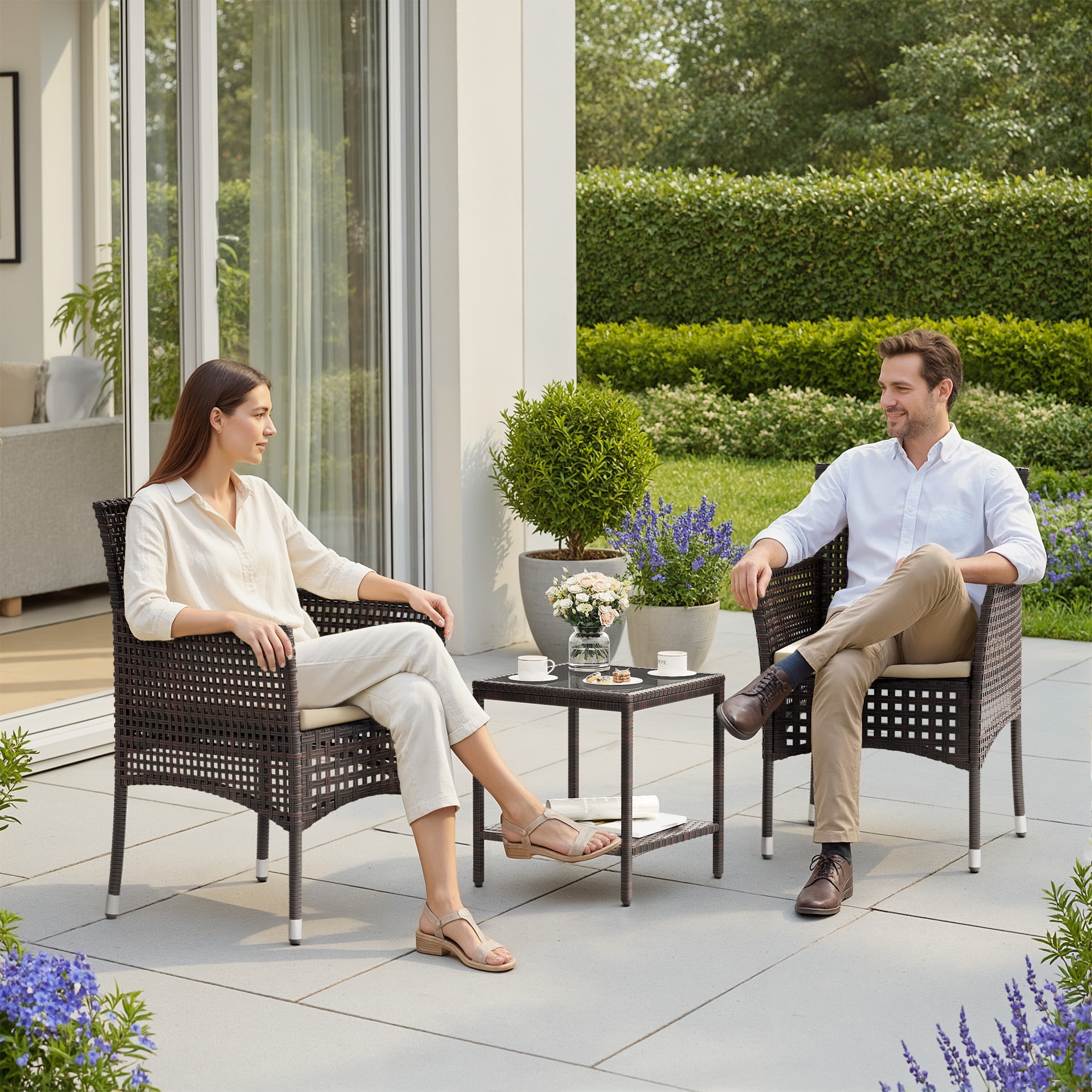 Lacoo 3 Pieces Outdoor Conversation Set Rattan Patio Furniture Bistro Chat Chairs Set of 2 with Table for Garden Porch, Brown