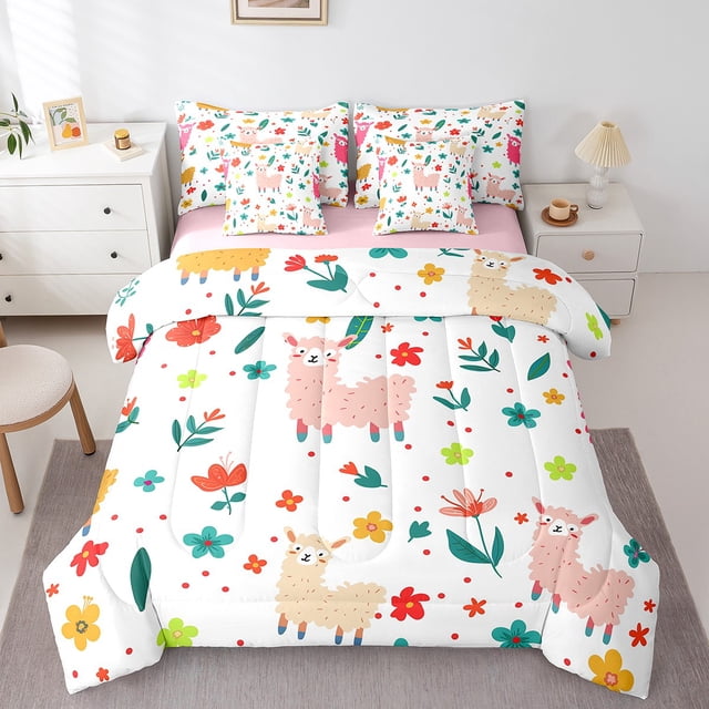 YST, Alpaca, Bedding Set, Cartoon, 7-Piece, King Size, Colorful Flowers, Polyester, Comforter Set, Bed In A Bag