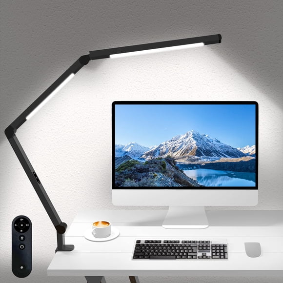 LED Desk Lamp with Clamp, Architect Desk Lamp for Home Office with Remote Control, Swing Arm Clamp on Computer Light, Clip-on Eye-Care Adjustable 5 B