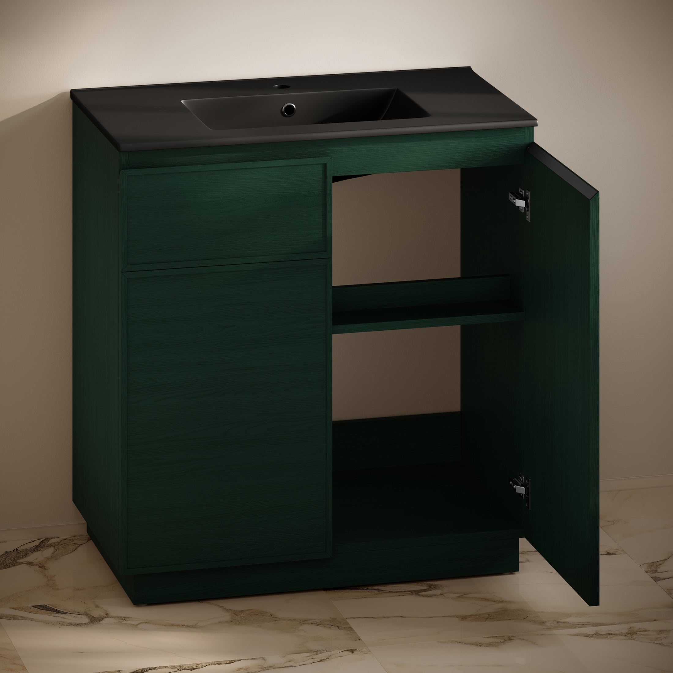 St. Tropez 36" Freestanding Bathroom Vanity in Green Oak with Black Sink Top