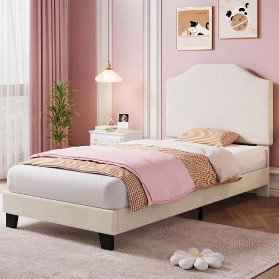 Twin Size Bed Frame, Bed Frame with Adjustable Upholstered Corduroy Headboard, Platform Bed Frame, Strong Wooden Slats, Mattress Foundation, Easy Assembly