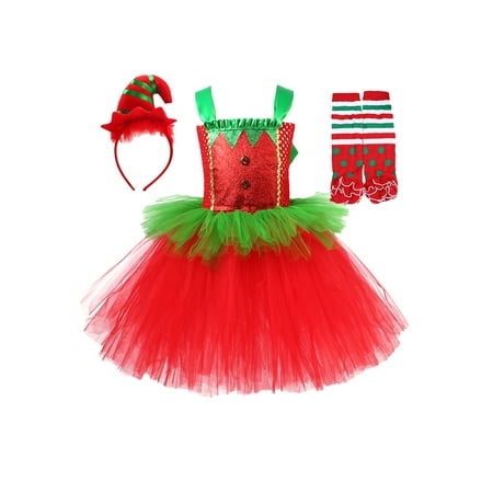 

Kid Girl Christmas Cosplay Dress Patchwork Sleeveless Buttons Dress Multi-Layered Tulle Tutu Dress with Headwear and Leg Warmers