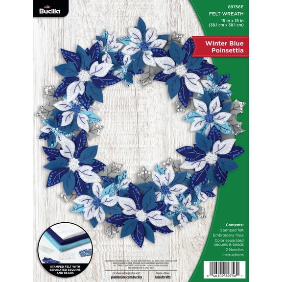 Bucilla Winter Blue Poinsettia 15 in Felt Applique Wreath Kit