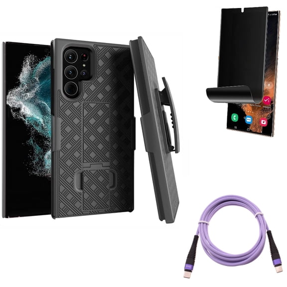 Privacy Screen Protector & Case Belt Clip & Purple 6ft PD Cable for Samsung Galaxy S22 Ultra (6.8") - Combo TPU Film (Fingerprint) Anti-Peep & Holster Swivel Cover & Type-C to USB-C Long Charger Cord