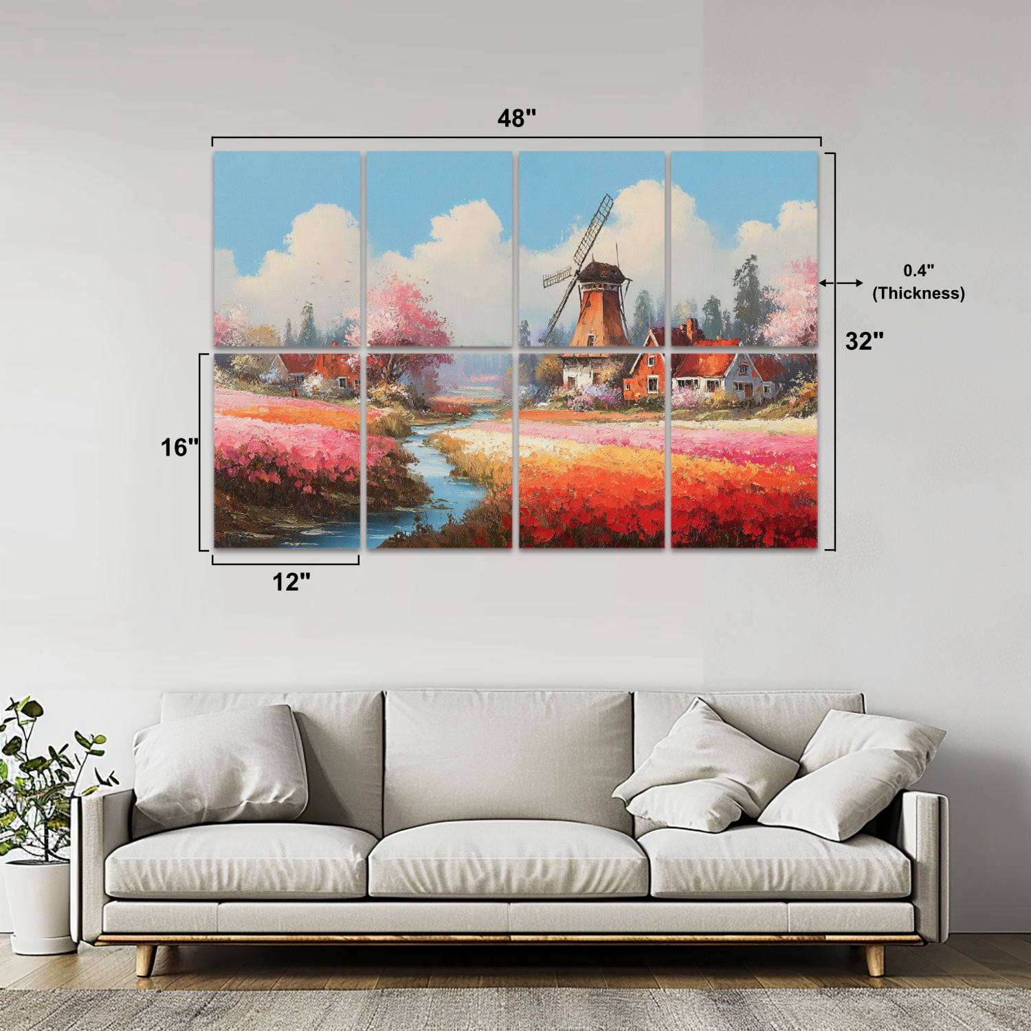 Windmill 8 Pack Art Acoustic Panels Sound Absorbing Whimsical Spring Landscape Tulips Rustic Farmhouses Decorative Soundproof Wall Panels Self Adhesive for Nursery Game Room Bedroom 48"x32"