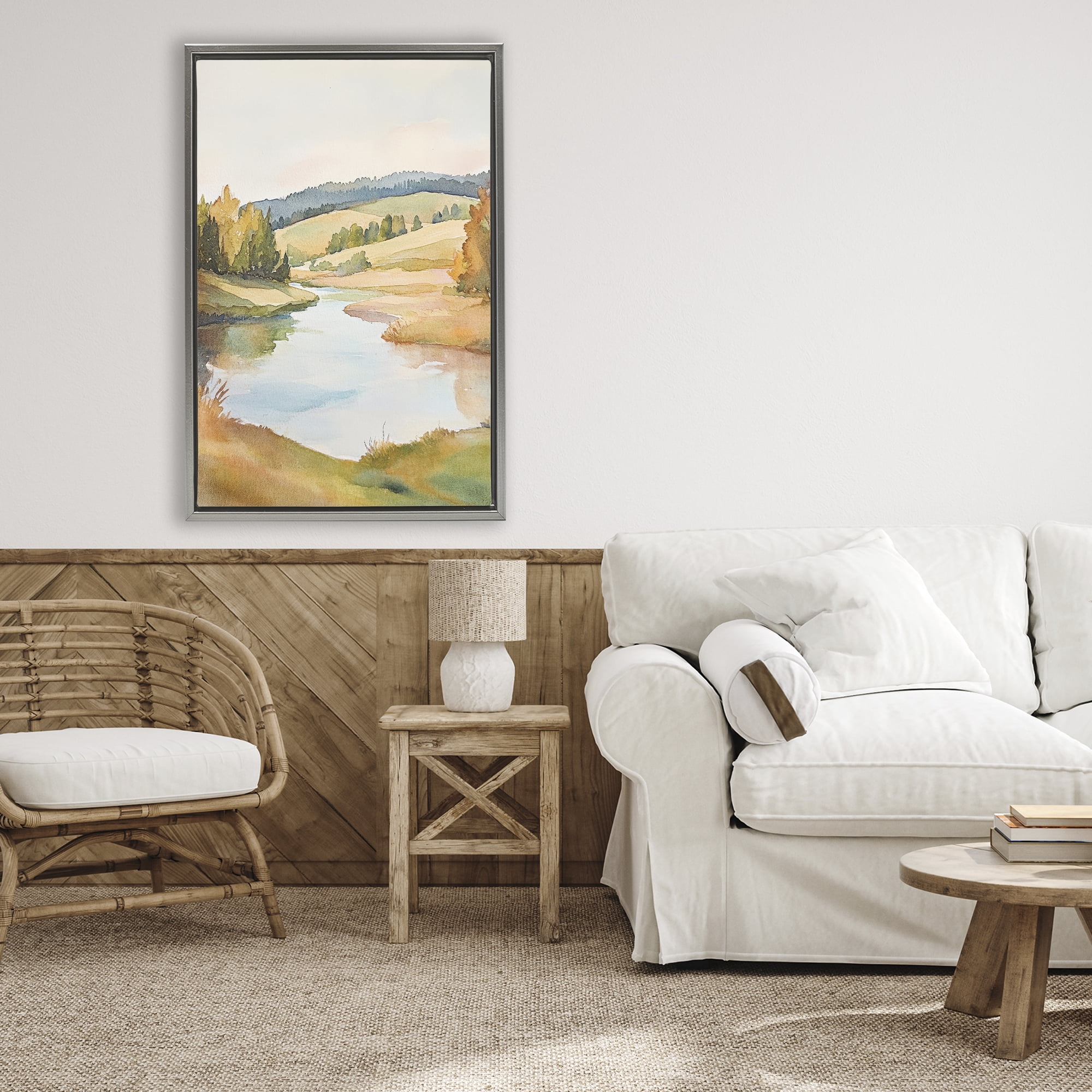 Stupell Industries Serene Watercolor Lake Escape Gray Framed Floater Canvas Wall Art, design by Petal Prints Design