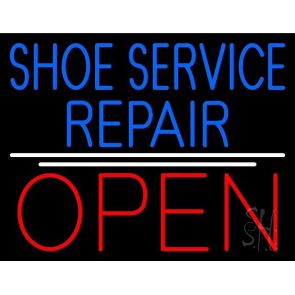 Blue Shoe Service Repair Open LED Neon Sign 15 x 19 - inches, Black Square Cut Acrylic Backing, with Dimmer - Bright and Premium built indoor LED Neon Sign for store interior Décor, Storefront.