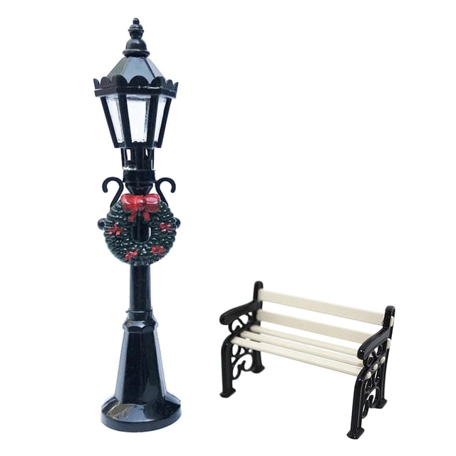 2 uds Mini luz de calle modelo lámpara poste luz banco de madera en miniaturl aire libre accesorios de decoración de jardín Baoblaze Lámpara de casa de muñecas