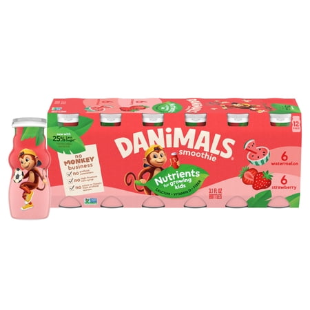 Danimals Smoothie Strawberry and Watermelon Low Fat Dairy Drink Smoothie Bottles Multi-Pack, 3.1 fl oz, 12 Count