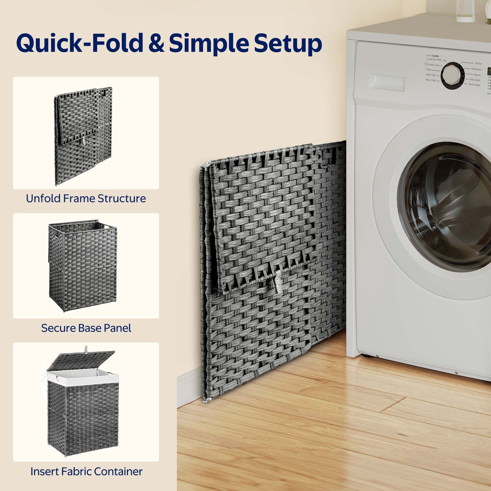 Rolanstar 110L Laundry Hamper Wicker Laundry Basket with Lid, Handles Clothes Hamper Foldable with 2 Removable Liner Bags, Gray