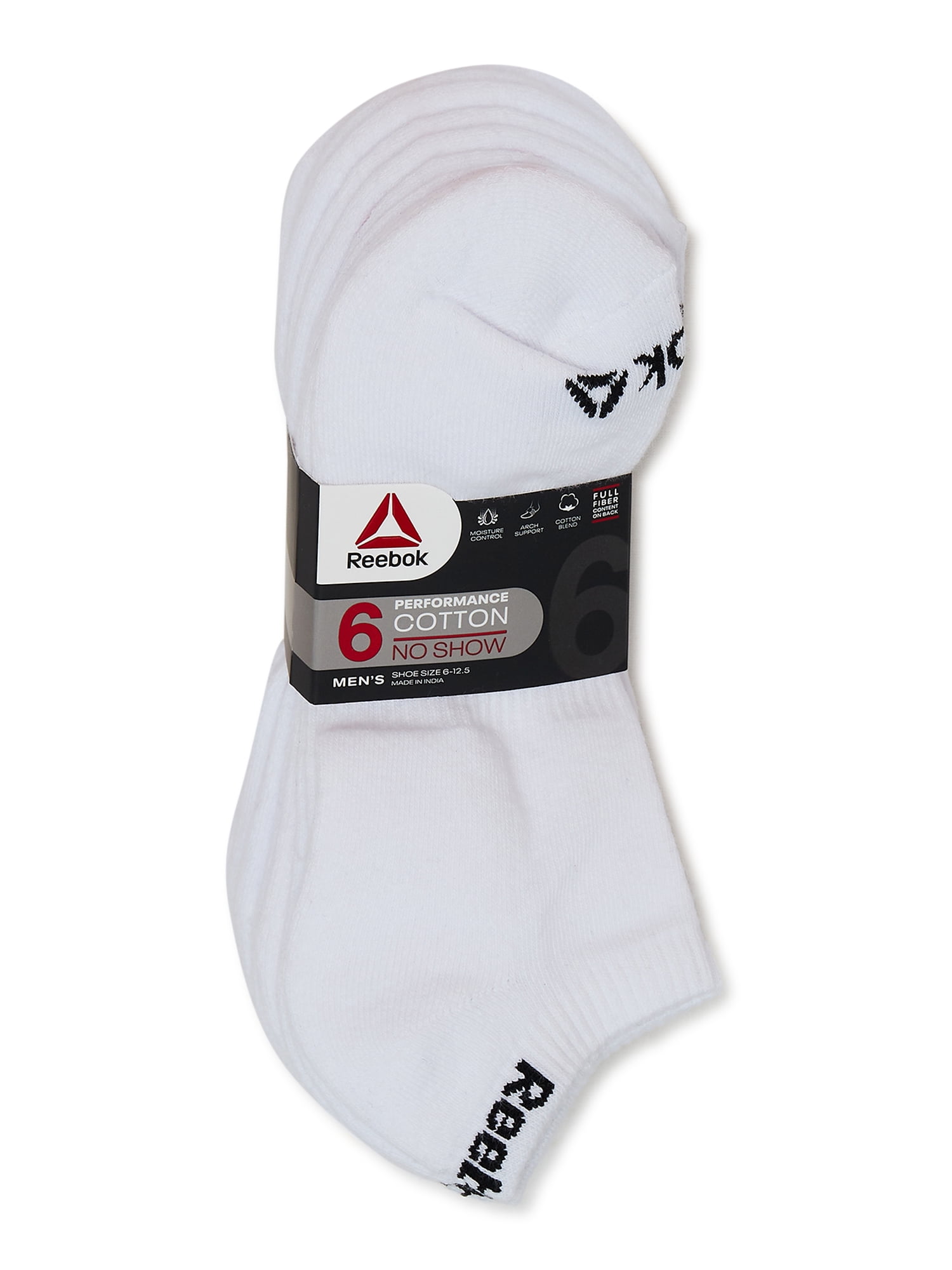 Reebok Men's Socks, Performance Cotton Blend No Show Socks, 6-Pack