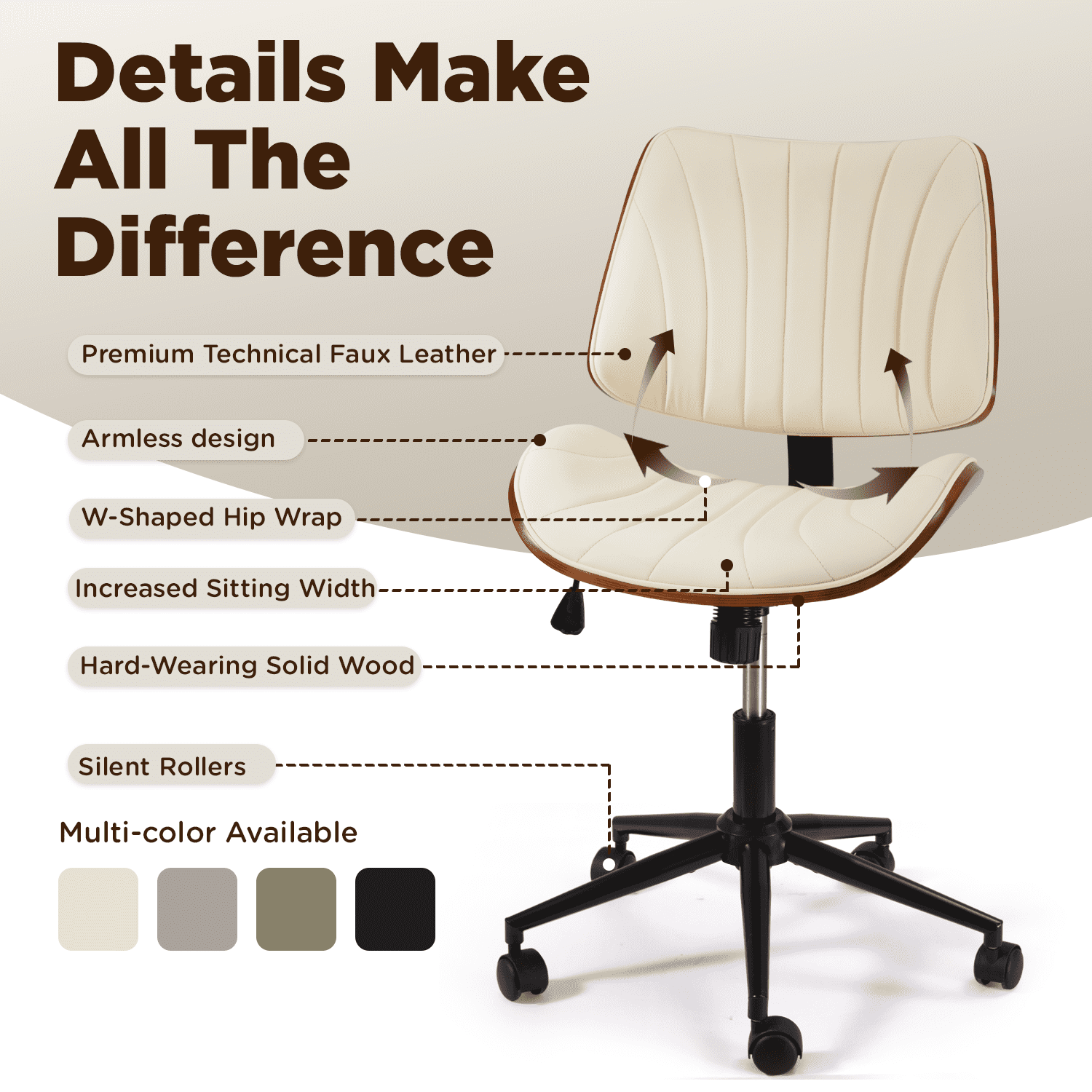 Erinnyees Wooden Office Desk Chair, Modern Armless Chairs, Armless, Adjustable Height, with Swivel Wheels for Small Spaces, Beige