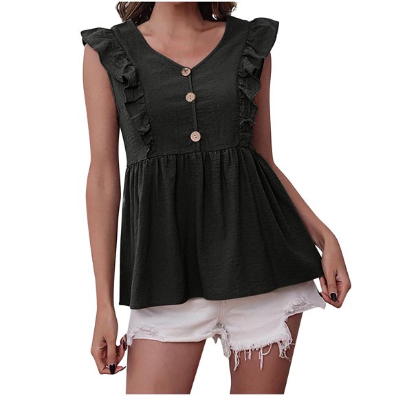 Bigersell Womens Blouses and Tops Casual Fashion Women Causal V-Neck Solid Color Blouse Short Sleeve T-Shirt Summer Tops Big & Tall Button-Down Round Neck Short Sleeve Shirts Style B47797, Black L