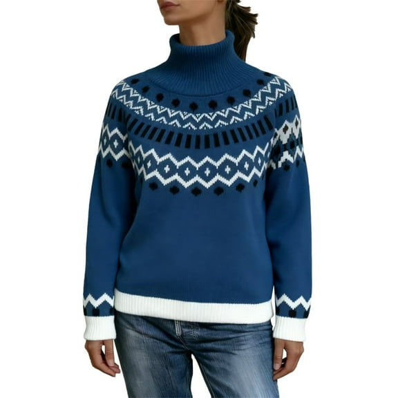NMMUED Womens Fair Isle Sweaters Turtleneck Sweater Women Mock Neck Sweater Knitted Sweater Tops for Women Vintage Sweaters for Women Lightweight Sweaters for Women Blue L