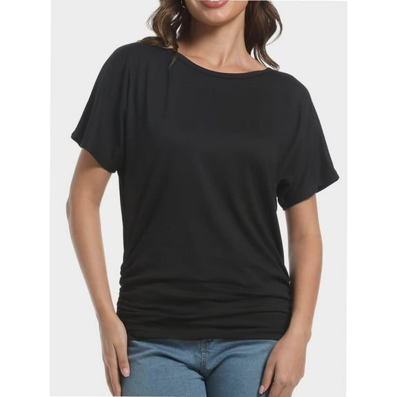 Women's Short Sleeve Boat Neck Dolman Top with Side Shirring