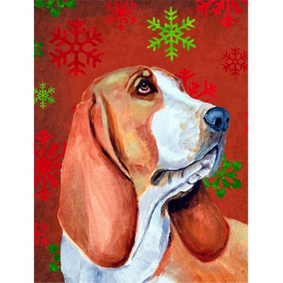 11 x 15 In. Basset Hound Red And Green Snowflakes Holiday Christmas Flag, Garden Size
