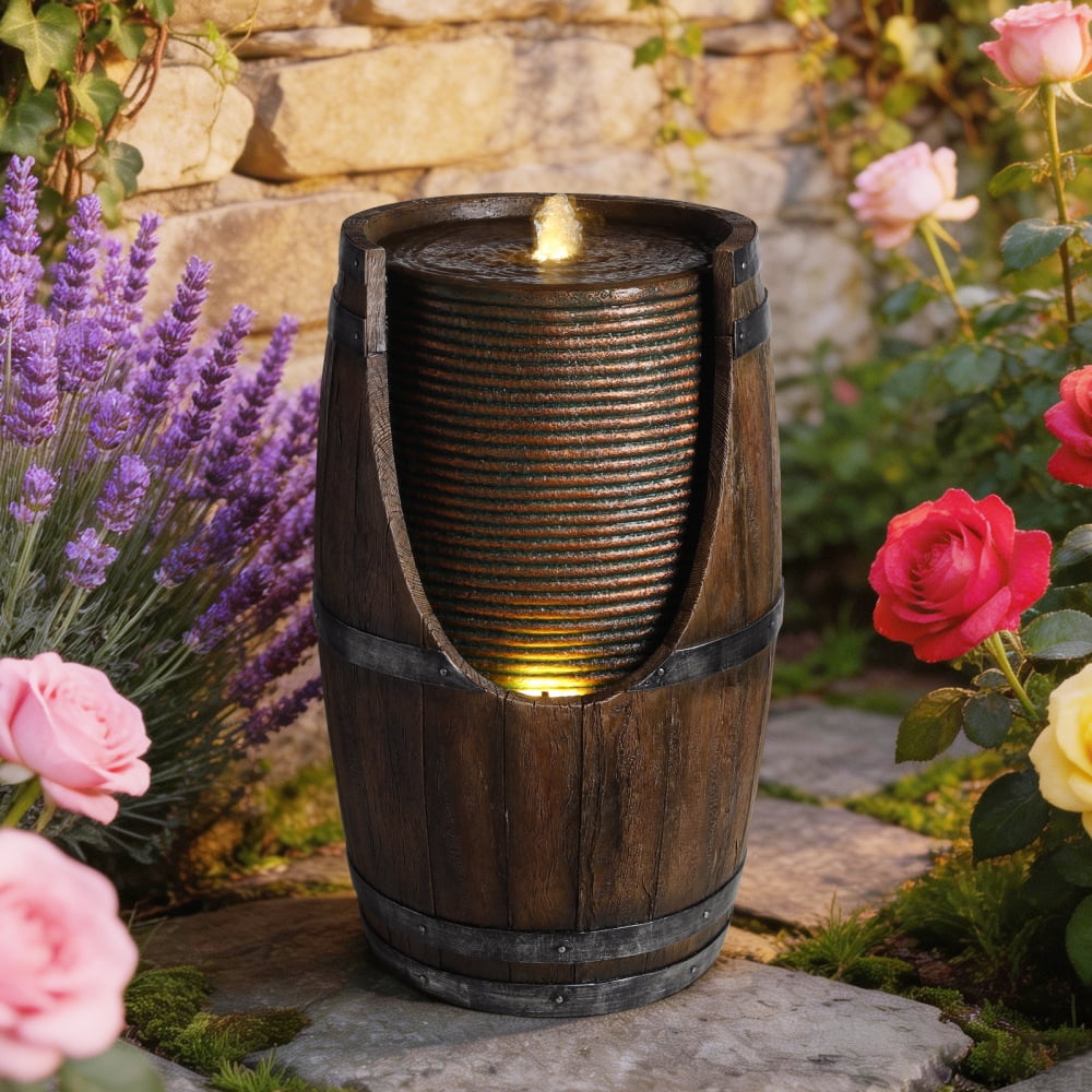 24.8" Barrel Cascading Outdoor Water Fountain with LED Lights, Wood Look Resin Handmade Waterfall Garden Decor for Patio Yard Porch