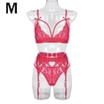 thumbnail image 1 of Conjunto de ropa interior de encaje floral de 3 piezas para mujer, sujetador sexy, bragas, liguero, rojo vino, M Kearding XX000052-14, 1 of 7