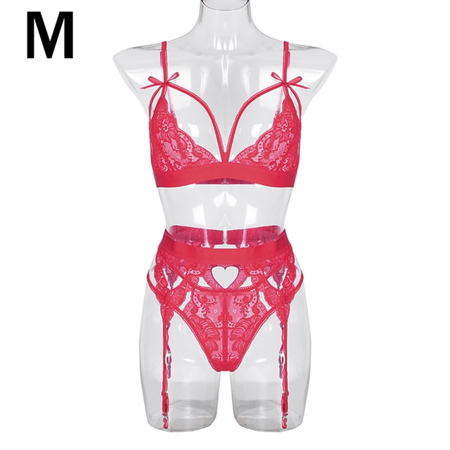 Conjunto de ropa interior de encaje floral de 3 piezas para mujer, sujetador sexy, bragas, liguero, rojo vino, M Kearding XX000052-14