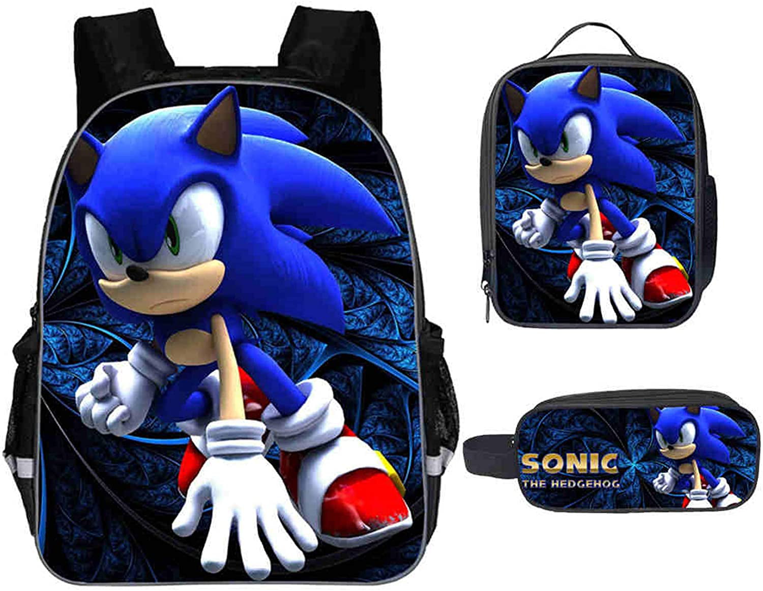 Kids Boys Sonic The Hedgehog School Book Bag,Canvas Backpack Pencil Box Set for Students Lunch Bag 