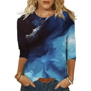 Enwejyy Women Tie-Dye Print Round Neck Ombre Blouse Tops T-Shirts