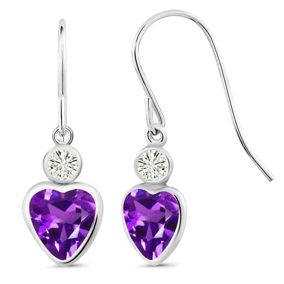 Gem Stone King 14K White Gold Purple Amethyst and White Moissanite French Wire Dangle Hook Earrings for Women (3.66 Cttw, Gemstone February Birthstone, Heart 6MM, Round 3MM)
