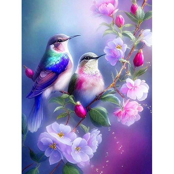 Juego de pintura de diamante 5D para adultos y niños de 11.8 x 15.7 in, diseño de pájaro de ramita de flor de cerezo 2 #, manualidades de bordado de diamantes, juego de pintura de diamantes de imitaci