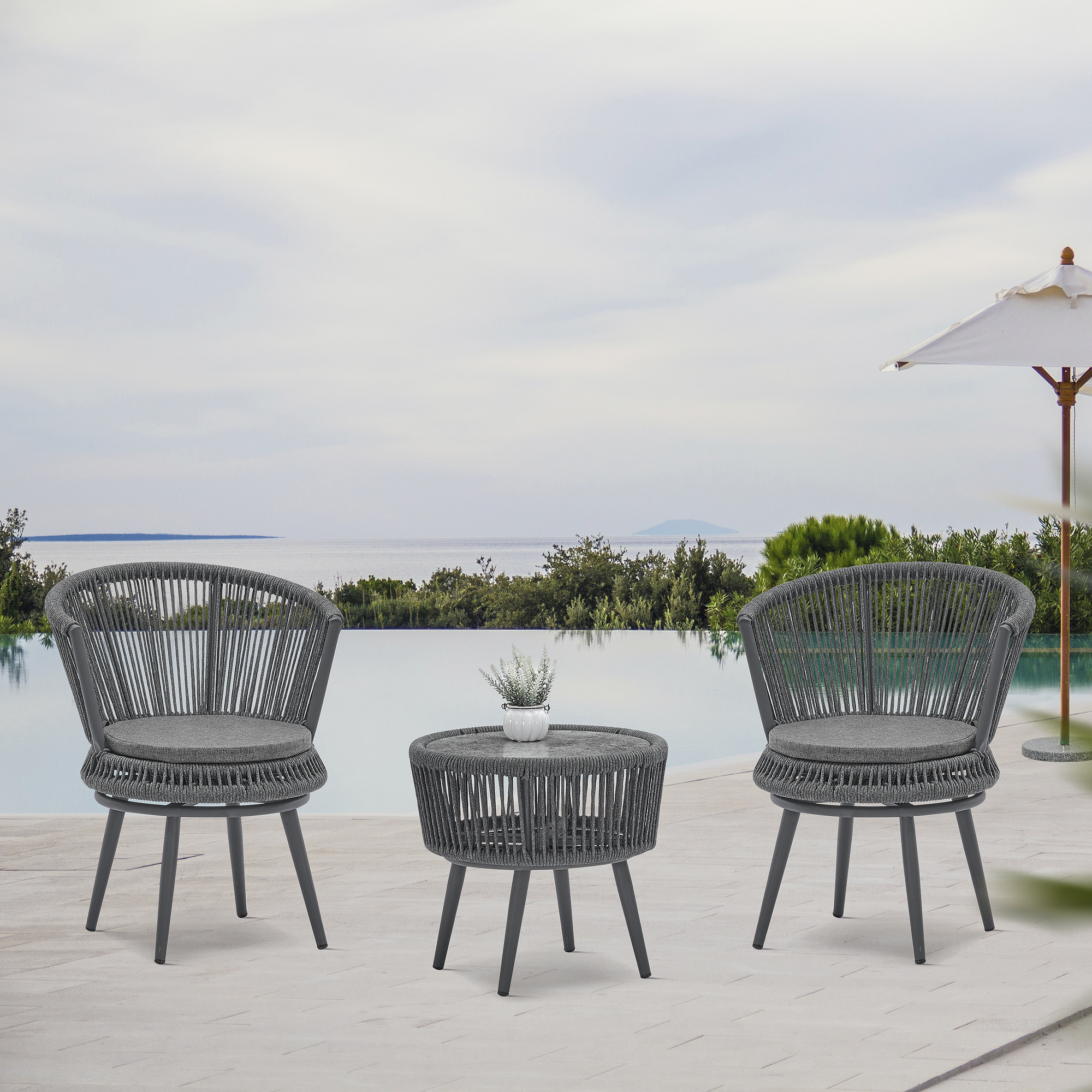 3PCS Outdoor Garden Rattan Chairs with Coffee Table, All Weather Outdoor Lounge Chair Chat Conversation Set for Garden, Backyard, Pool, Balcony - Dark Gray - image 2 of 8