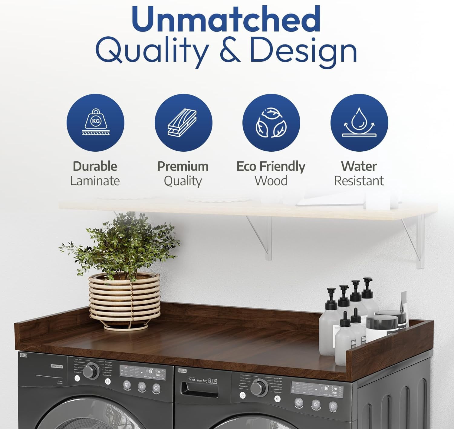 OfficeSimpli Washer Dryer Countertop w Non-Slip Pads, Made in USA, Laundry Room Wood Topper, Washer Dryer Cover for Top, Laundry Guard, Laundry Countertop, Laminate Finish (California Walnut)