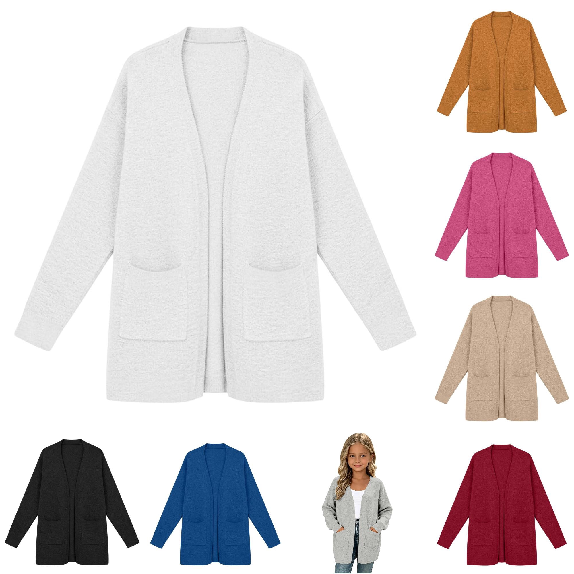 lnmuld Girls Solid Open Front Knit Cardigan Long Sleeve Mid Length Casual Sweater Outerwear with Pockets Size:7-8 Years White